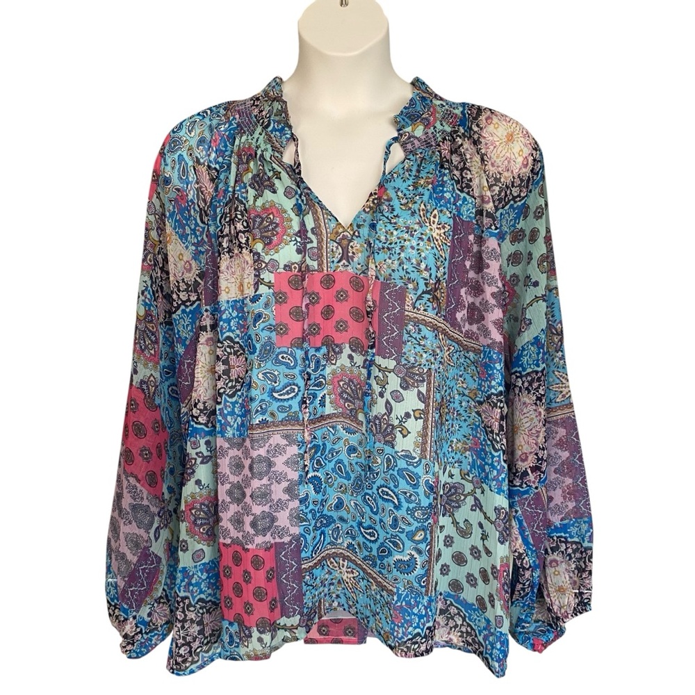 Fate Curve Patchwork Print Bohemian Blouse Blue Pink Womens Plus Size 2X Top NWT